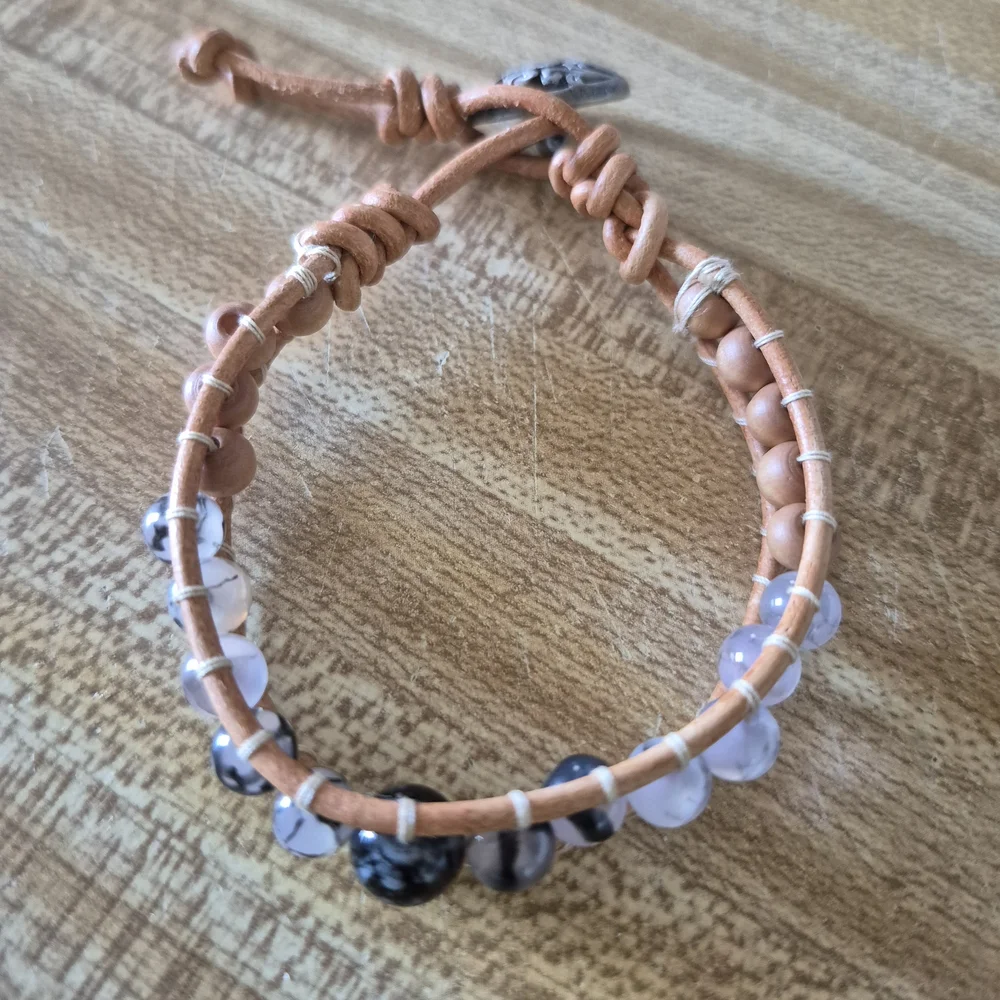 Handmade Leather Braclet With Black Dragon Vein Agate! - Picture 3 of 7